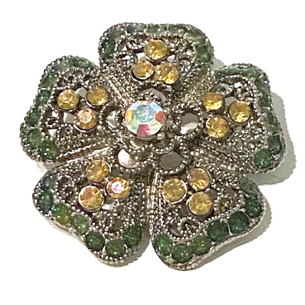 Domed Brooch 3D Vintage Rhinestone Beading Grannycore Church 5 Petal Flower